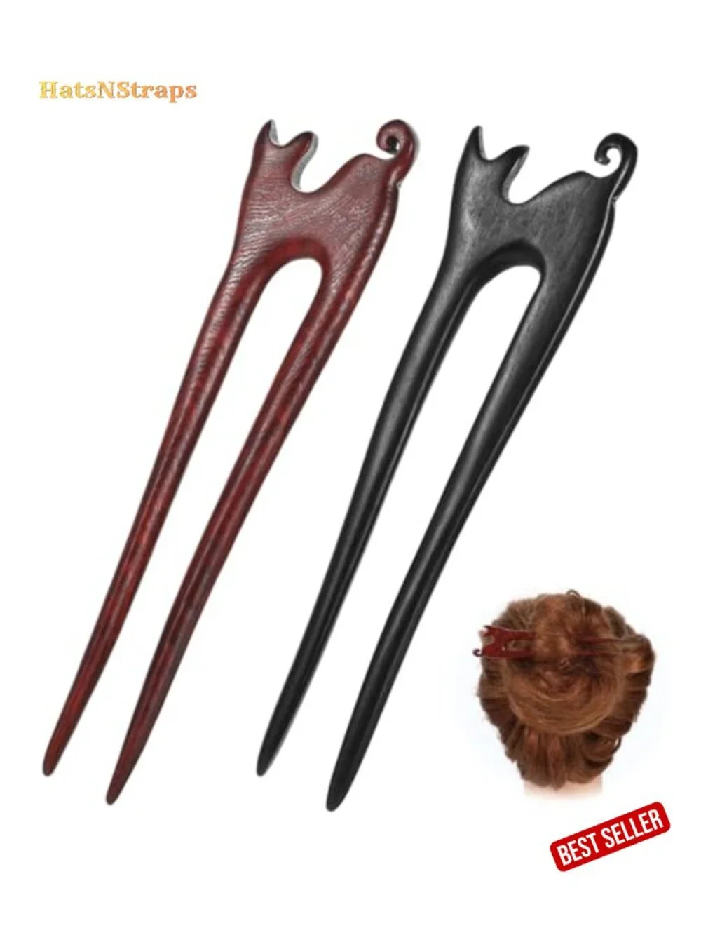 Handmade Carved Wood Hair Sticks French Hair Forks Cat Design U-Shape 2-Prong
